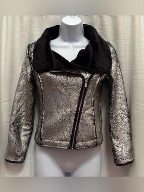 bebe Metallic Silver Bomber Jacket with Black Faux-Shearling